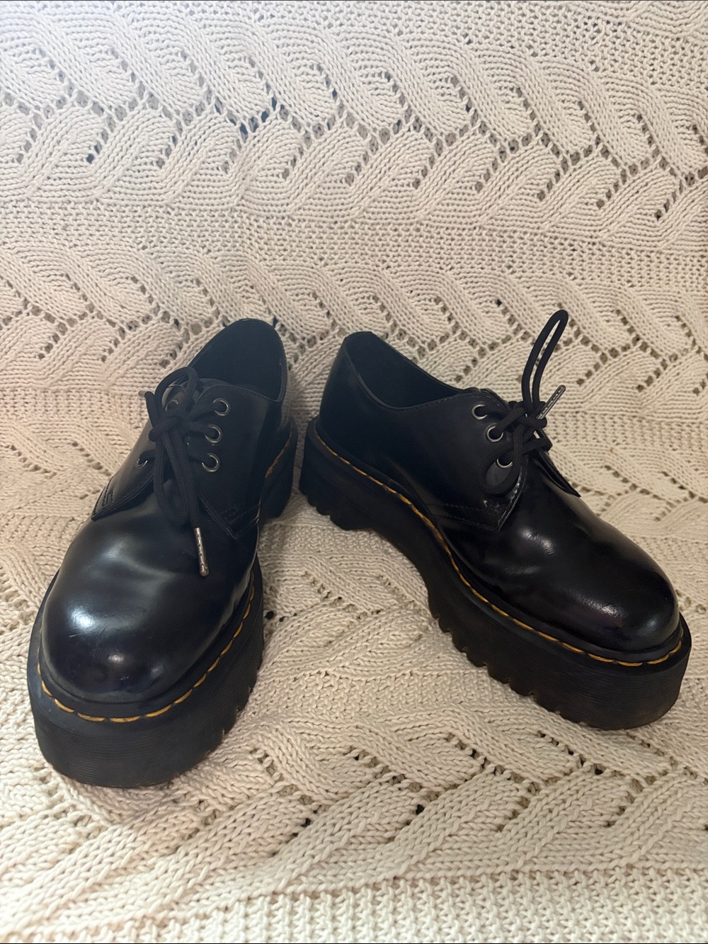 Dr. Martens Black Leather Platform Oxfords with Yellow Welt Stitch